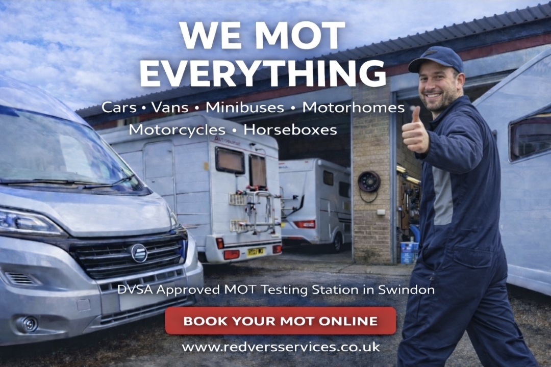 MOT technician giving a thumbs-up in a workshop with vans and motorhomes, and text 'WE MOT EVERYTHING'.